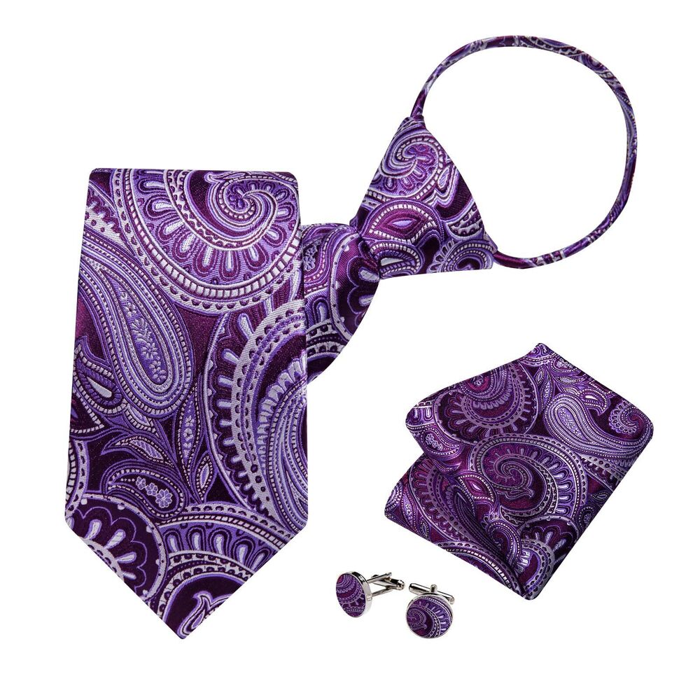 3420 Silk Zipper Ties ,Paisley Solid Plaid Pre-tied Tie and Pocket Square